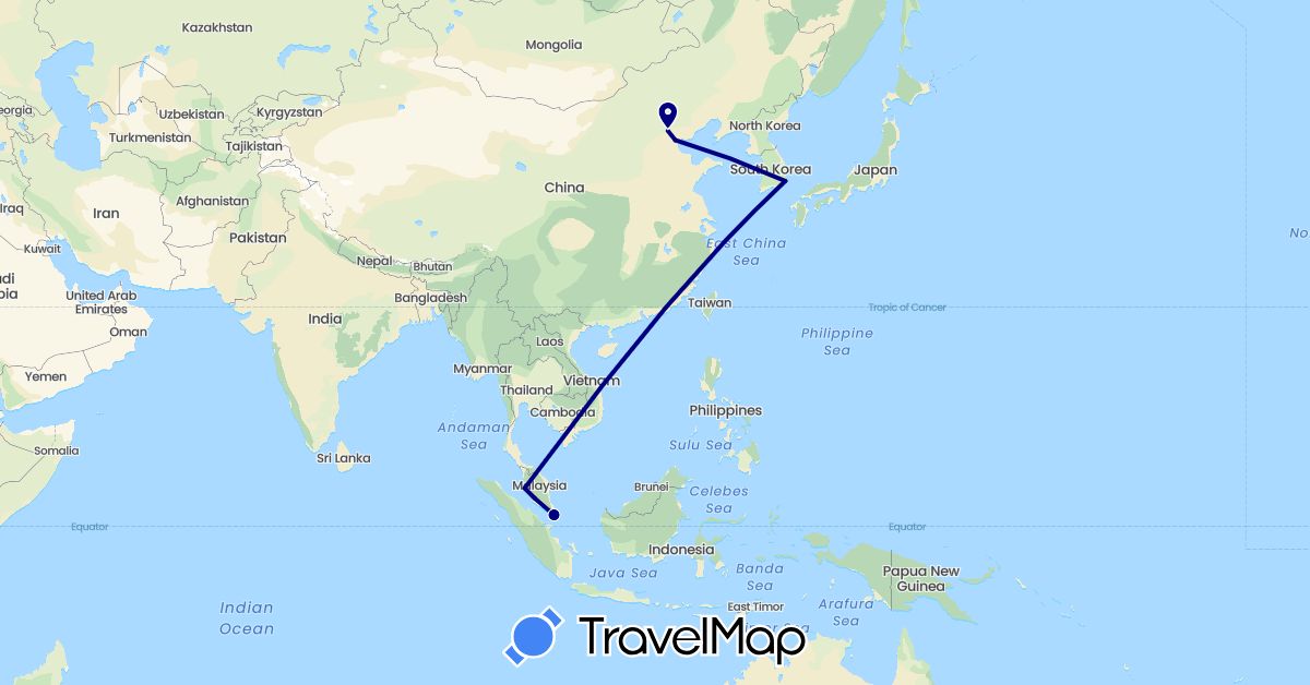 TravelMap itinerary: driving in China, South Korea, Malaysia, Singapore (Asia)